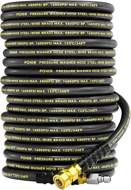 3/8" 150FT Pressure Washer Hose 4800PSI, Power Washer Hose Steel Wire Braided with Swivel Quick Connect, Commercial Grade Industrial High Pressure Water Washing Hose (4800PSI, 150FT)