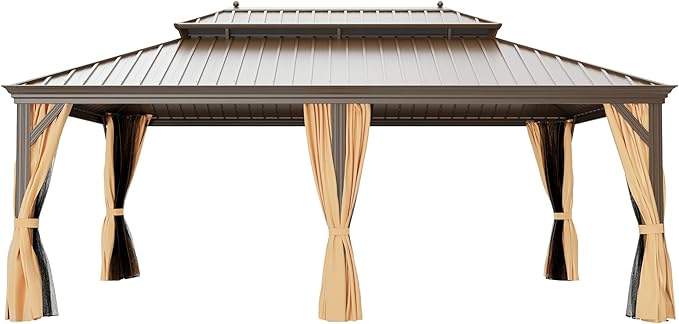 12' X 18' Hardtop Gazebo, Aluminum Wood-Looking Frame Outdoor Permanent Galvanized Steel Double Roof Pavilion Pergola Canopy with Privacy Curtains for Garden, Patio, Backyard, Deck and Lawns.