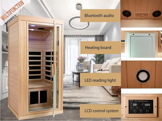 1 Person Infrared Sauna Indoor Sauna Room for Home, 8pcs Infrared Carbon Heating Panels, Hemlock Personal Saunas with Clothing Hanging Rod, LCD Display, Blue-Tooth, LED Reading Lamp