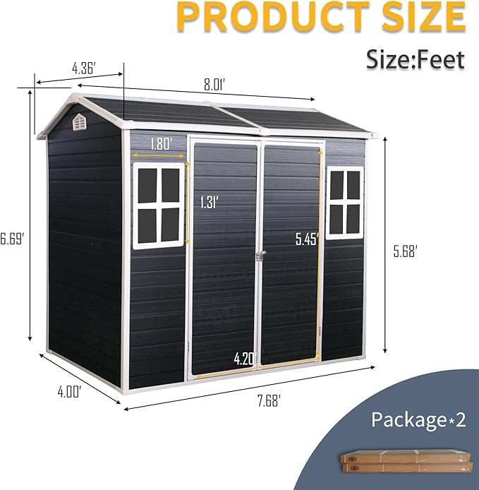 Outdoor Storage Shed with Two-Window and Double-Door, Resin Storage Shed with Lockable Door, Plastic Shed with Floor for Gargen, Patio, Yard, Lawn (Black, 8 x 4 FT)