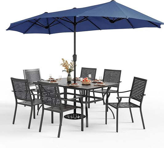 PHI VILLA 7 Pieces Patio Dining Set for 6 with 13ft Large Patio Umbrella, Metal Outdoor Stackable Wrought Iron Chair Set of 6 & 60"X38" Metal Dining Table,Market Table Dark Blue Umbrella