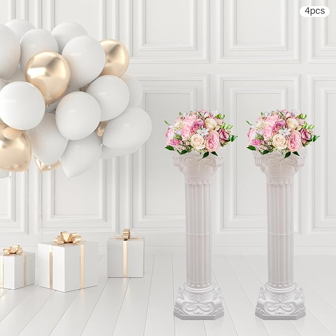 Roman Column Pedestal, Plastic White Columns for Weddings Indoor/Outdoor Roman Pillar Stand for Table Sculptures, Vase, Garden Decor (4PCS, 10.6 x 34.6 Inch Round)