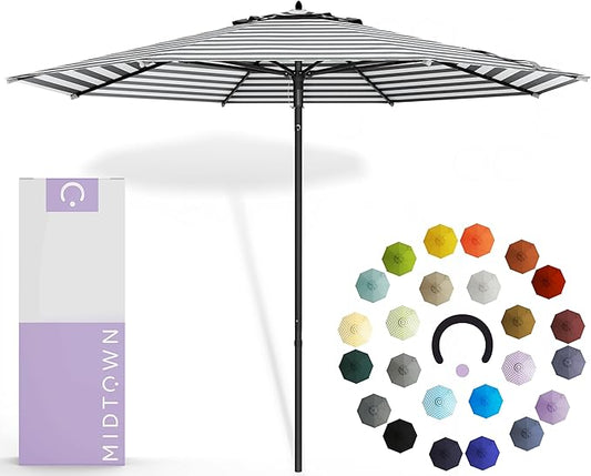 Midtown Umbrellas Push and Pop 9 Feet Outdoor Umbrella, Black/White Stripes Polyester Fabric - Fiberglass Ribs Deck Patio Umbrella, Backyard Umbrella, Garden Umbrella & Pool Umbrella - Black Pole