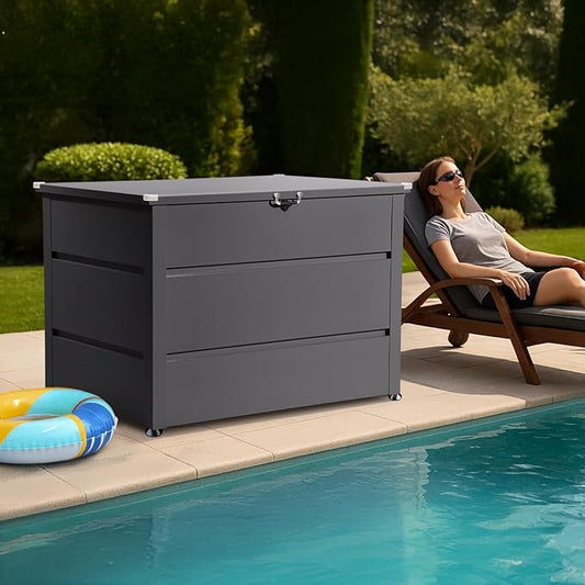 Quictent Deck Box Outdoor 150 Gallon, Easy Assemble Metal Storage Box,Lockable Waterproof Storage Cabinet for Patio Furniture Cushions, Throw Pillows, Garden Tools and Pool Toy,Gray