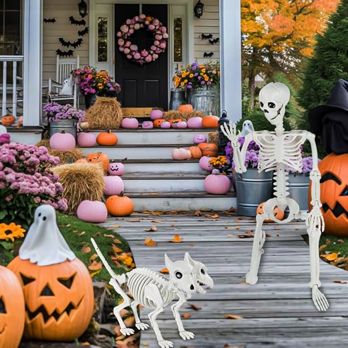 YUJUN 36'' Halloween Skeleton Decoration with 2Head Dog Skeleton, Full Body Posable Skeleton Realistic Plastic Bones Movable Joints for Halloween Party Yard Haunted House Props Indoor Outdoor Decor