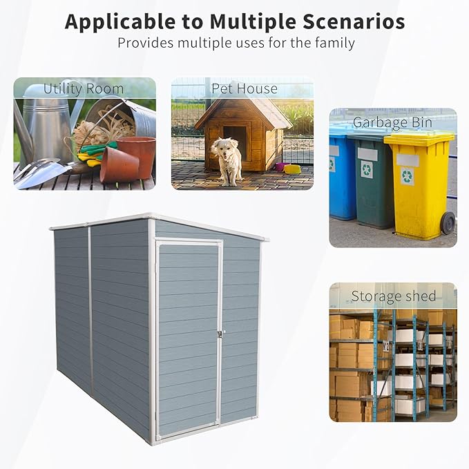 LANTRO JS Storage Sheds Outdoor with Floor, Plastic Shed, 4x8FT Lean to Shed with Two Windows, Lockable Doors for Garden Tools