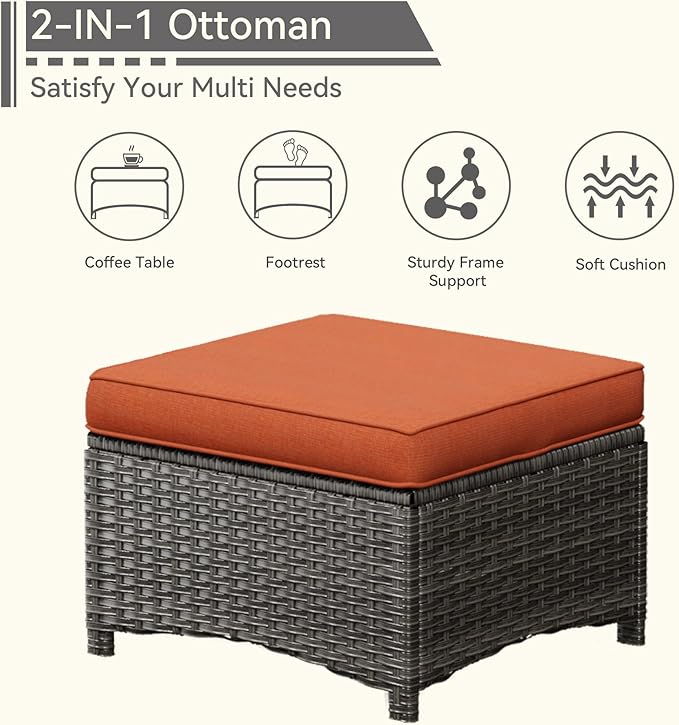 Patio Conversation Set 5-PCS Wicker Outdoor Furniture Conversation Set with 3-Seat Sofa, 2 Armchair, 2 Ottoman Patio Rattan Wicker Sectional Sofa Set with Olefin Cushion, Orange