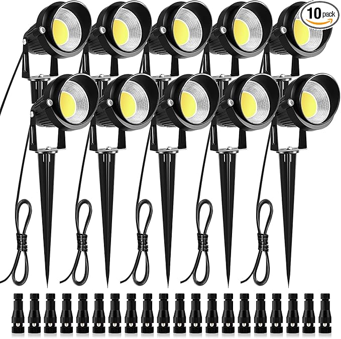 ZUCKEO Low Voltage Landscape Lights LED Landscape Lighting with Connectors, 10W 12V 24V Outdoor Spotlights Waterproof Garden Flood Pathway Yard Lights 1000LM Daywhite Light(10Pack with Connector)
