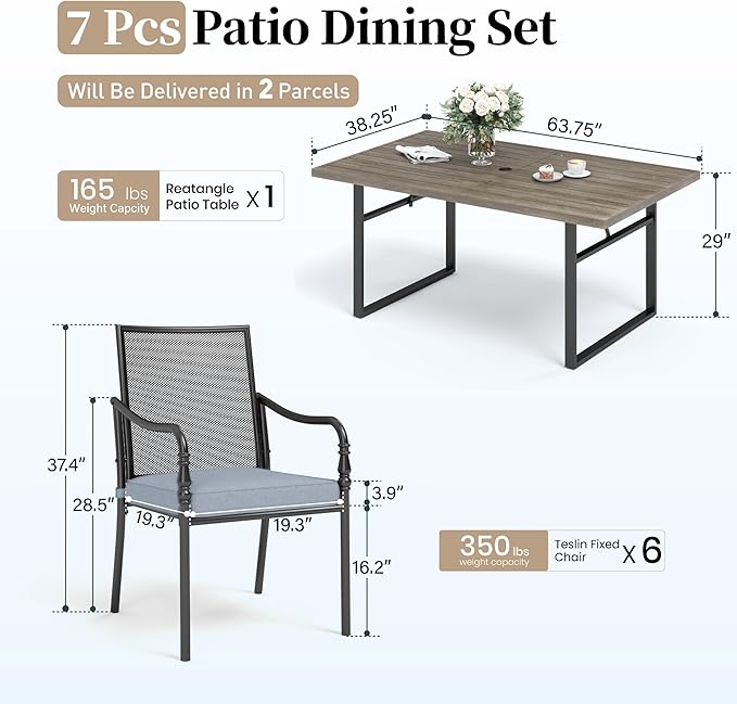 Patio Table and Chairs Set of 6, All-Weather Breathable Metal Mesh Patio Chair with Gourd-Shaped Armrests, 64x38 Wood-Like Table with Umbrella Hole, 7 Pcs Metal Frame Patio Dining Set