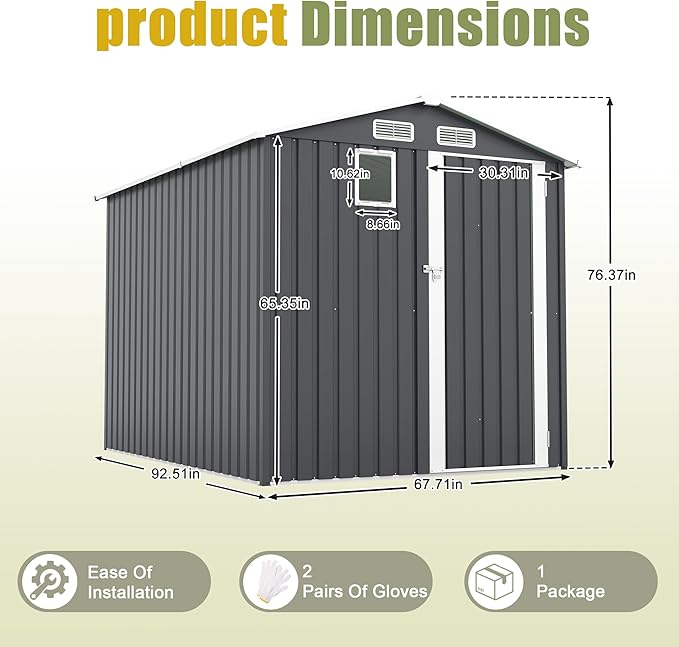 6x8 FT Sheds & Outdoor Storage,Steel Storage Shed with Lockable Doors and Window,Waterproof Garden Shed w/Roof Slope Design & Weather Versatility,Tool House for Storing Bicycles,Dark Gray