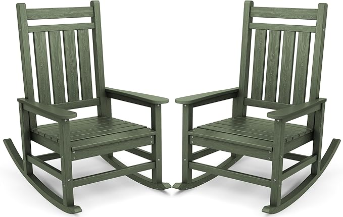 SERWALL Oversized Outdoor Rocking Chair Set of 2, HDPE Rocker for Adults, Patio Rocking Chairs for Porch, Avocado Green