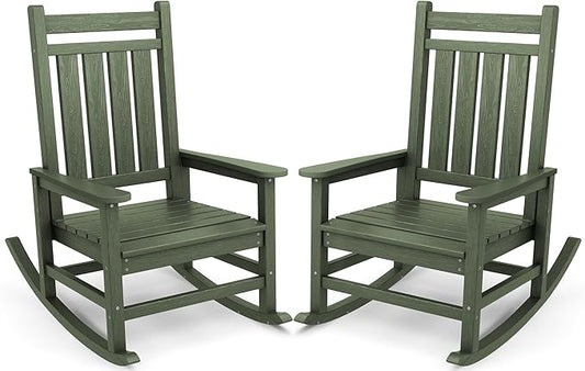 SERWALL Oversized Outdoor Rocking Chair Set of 2, HDPE Rocker for Adults, Patio Rocking Chairs for Porch, Avocado Green