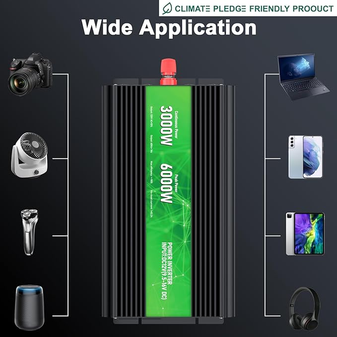 3000W Power Inverter,Peak Power 6000W 12V DC to AC 110V120V,Remote Control with 2AC Outlets and 2.4USB Port,LCD Display for Power Converter,Outdoor Activities,Emergency,Vehicles Truck RV Solar System