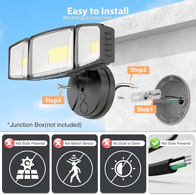 Onforu 80W 9000LM Flood Lights Outdoor, Brightness Security LED Flood Lights with 3 Adjustable Heads, Switch Controlled, IP66 Waterproof 6500K Outside Exterior Flood Light for Yard Garage Eave Patio