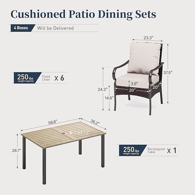 7 Piece Patio Dining Sets for 6, Outdoor Table and Chairs with Cushioned Wicker Patio Dining Chairs & Wood-Like Dining Table (1.61-2”Umbrella Hole), Outdoor Dining Sets for Backyard