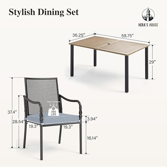 HERA'S HOUSE 7 Pieces Patio Dining Sets, Outdoor Table and Chairs Set, 6 x Dining Chairs with Rectangular Metal Table for Backyard Garden Lawn Restaurant