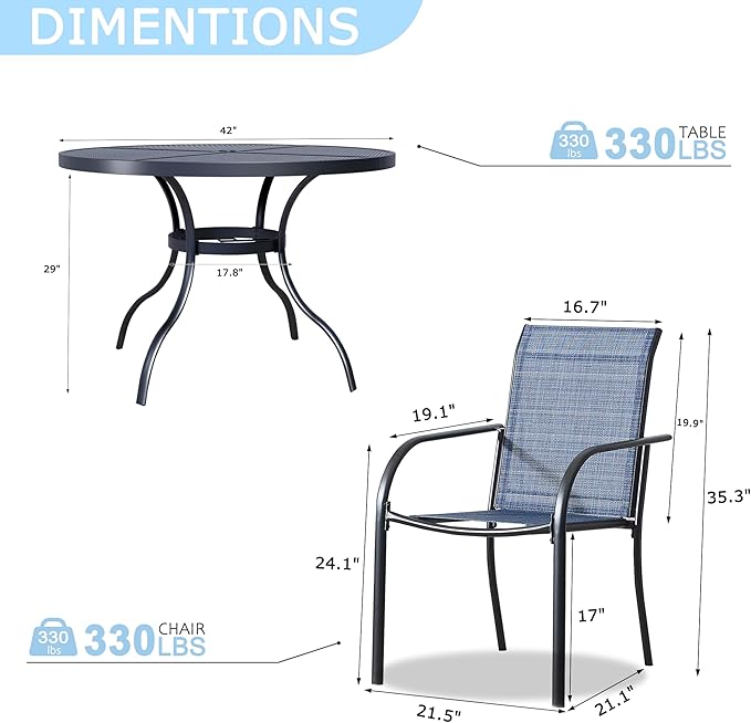 5 Pieces Round Dining Table Set for 4, Patio Dining Set Includes 4 Blue Stackable Patio Chairs and 1 Black Mesh Round Table, Patio Furniture Sets with Sling Support for Outside, Garden