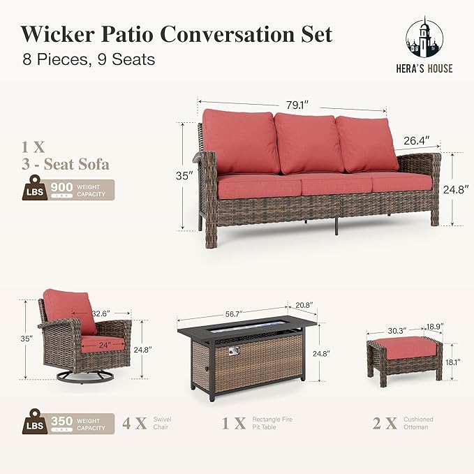 HERA'S HOUSE Red Patio Furniture Set, 8-Piece Outdoor Seating Conversation Sets with High Back Wicker Sofa, 4 x Swivel Chairs with 5.5" Thick Cushions, Fire Pit Table & Ottomans for Deck Yard Garden