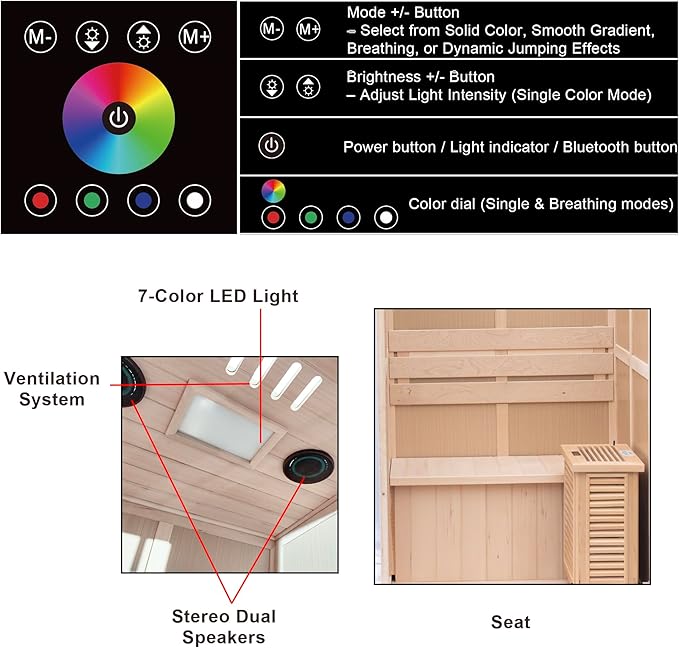 1 Person Dry Sauna for Home Max 165°F Traditional Sauna Experance, Indoor Hemlock Wooden Sauna, 110V-120V Electric Fast Heating, Easy Assembly, 7-Color Lamp, Bluetooth Size: 39.8 x 37.8 x 65.7inch