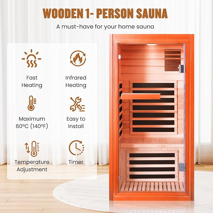 Sauna, Far Infrared Saunas for Home 1 Person Wooden Sauna 1065W/120V Low Emf Dry Sauna Indoor Sauna Room Douglas Fir with Tempered Glass Door/Speakers/Air Hole and Colorful Lighting - 31.5*31.5*63 in