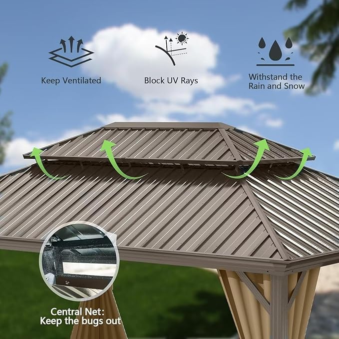 Domi 14'x24' Hardtop Gazebo Canopy,Outdoor Aluminum Gazebo with Galvanized Steel Double Roof,Large Permanent Gazebo Pavilion for Patio Deck Backyard,Curtain and Netting, Dark Brown
