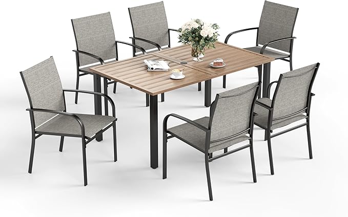 7 PCS Patio Dining Set for 6, Rectangular Wood-Like Metal Table with Umbrella Hole and 6 Chairs, Outdoor Table and Chairs for Lawn Garden Backyard and Deck, Brown