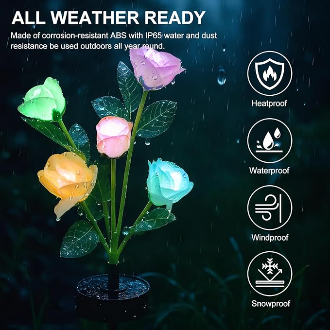 Solar Flowers Lights - Upgraded Outdoor White Rose Flowers Lights, 7-Color Changing & Waterproof Outdoor Solar Lights for Garden, Patio, Backyard,Party and Office (White Rose, 4)
