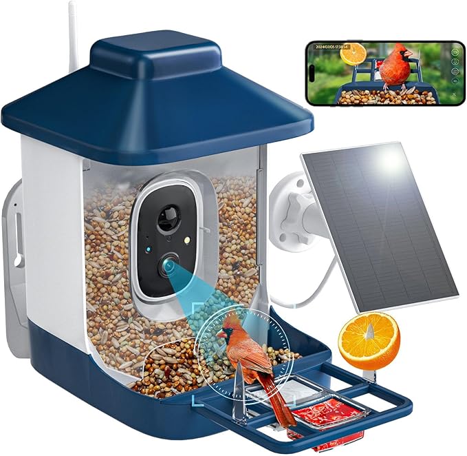Bird Feeder with Camera, AI Bird Identification, Full HD Live Video, Solar Powered, 2.4Ghz WiFi, Nstant Arrival Alerts - Best Gifts for Bi rd Lovers