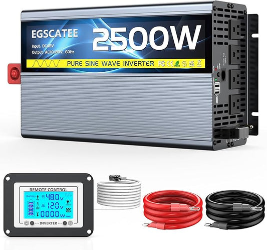 48V 2500W Pure Sine Wave Inverter 48V DC to 110V/120V AC Converter with 4AC Outlets, 5V/3.4A USB, Remote Control with on-Screen Display, Off-Grid Solar Power Inverter for Truck, Home, Vehicles, RV