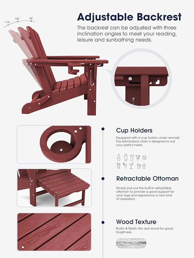 KINGYES Folding Adjustable Adirondack Chair with Retractable Ottoman Set of 6, HDPE All Weather Chair with Cup Holder - Versatile Adirondack Chair, Red
