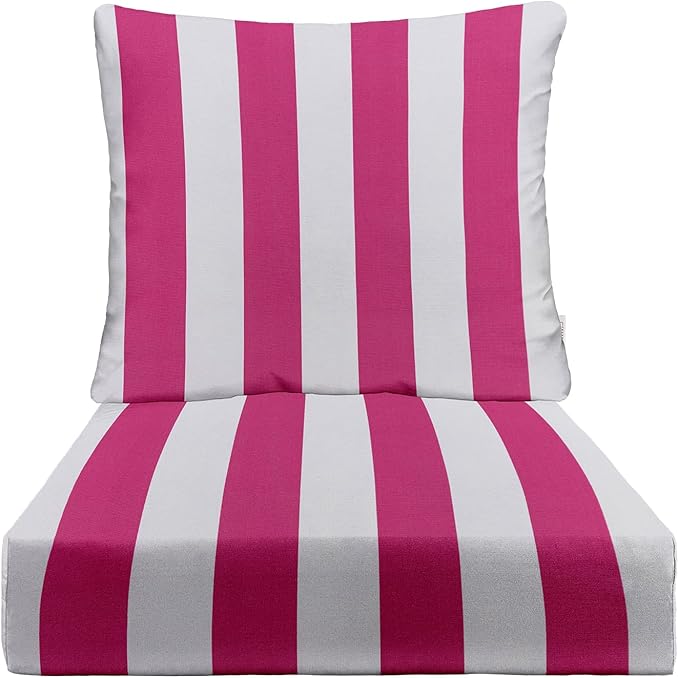 RSH DECOR Deep Seating Cushion with Pillow Back | 22” x 25” x 5" Seat | Water and Fade-Resistant Spun Fabric | Made in USA | Outdoor Chair Cushion Set for Patio Furniture (Pink & White Stripe)
