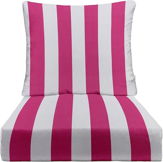 RSH DECOR Deep Seating Cushion with Pillow Back | 25” x 25.5” x 5" Seat | Water and Fade-Resistant Spun Fabric | Made in USA | Outdoor Chair Cushion Set for Patio Furniture (Pink & White Stripe)