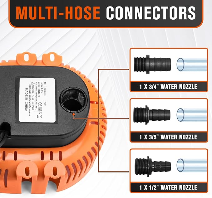Sump Pump,Pool Cover Pump above Ground,submersible water pump Swimming Water Removal Pumps,for Swimming Pool Basement Garden Pond Tubs Draining,75W,Max Flow:850GPH,3 Adapters,25 Ft Power Cord (Orange)