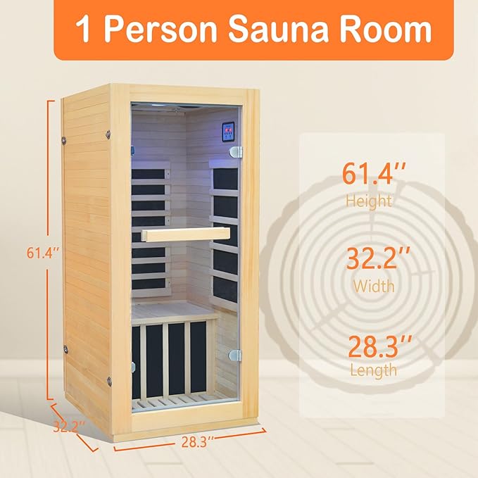 Home Far-Infrared Sauna Cabin Crafted from Canadian Hemlock Wood 900W Red Light Bluetooth Speaker Single-Person Indoor Model Dimensions: 28.35 × 32.28 × 61.42 inches