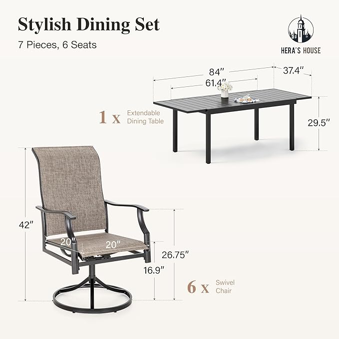 HERA'S HOUSE Outdoor Patio Dining Set of 7, 7 Piece Outdoor Table and Chairs Set of 1 Extendable Large Patio Table and 6 Quick Dry Textilene Swivel High Back Rocking Chairs for Lawn, Park, and Garden