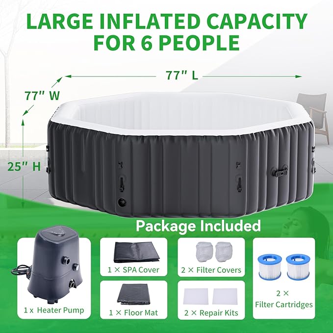4-6 Person Inflatable Hot Tub, Polygon Portable Blow Up Hot Tub, Leak-Proof PVC Outdoor Spa with 130 Strong Air Jets, Heater Pump and Insulated Cover, 77” X 77”X 25”