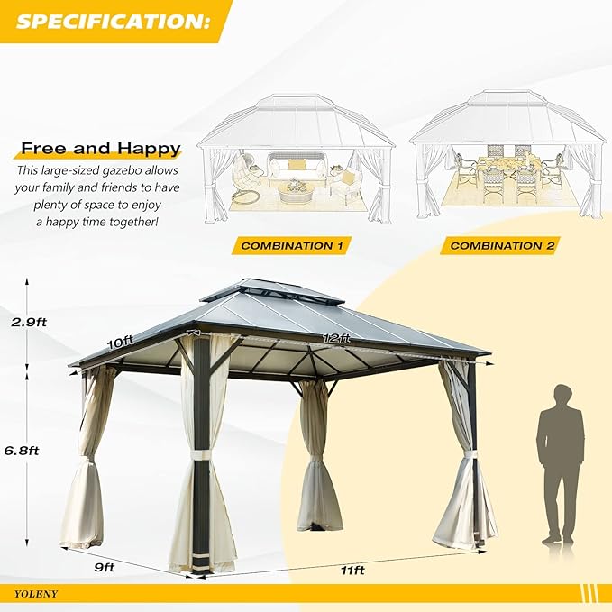 YOLENY 10'x12' Hardtop Gazebo, Outdoor Double Roof Aluminum Composite Gazebos with Curtains and Netting for Patio, Lawn, and Garden