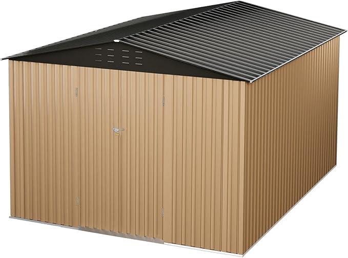 10x10 FT Outdoor Metal Storage Shed, Large Metal Storage Sheds with Sturdy Frame Structure, Garden Tool Shed with Lockable Door for Garden, Lawn, Backyard, Brown