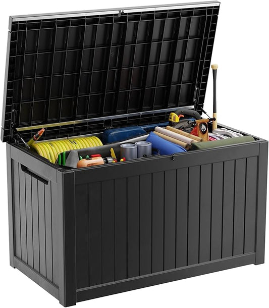 280 Gallon Resin Deck Box, Lockable Outdoor Storage Box for Patio Cushions Storage Furniture,Garden Tools, Pool Supplies, Weatherproof and UV Resistant（Black）
