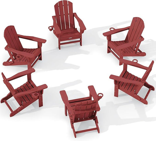 KINGYES Folding Adjustable Adirondack Chair with Retractable Ottoman Set of 6, HDPE All Weather Chair with Cup Holder - Versatile Adirondack Chair, Red