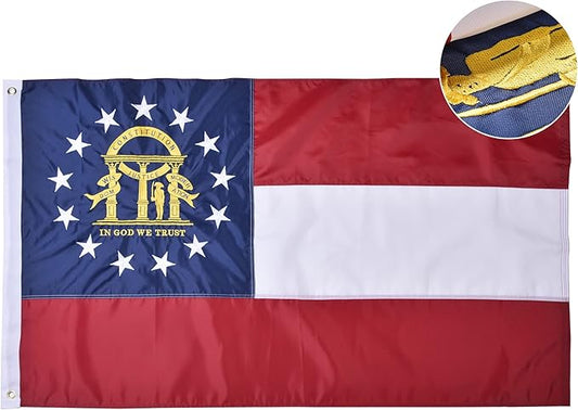Georgia State Flag 4x6 Ft Deluxe Full Embroidered Premium Polyester Durable GA Outside Flag with Sewn Stripes and Brass Grommets for Indoor/Outdoor
