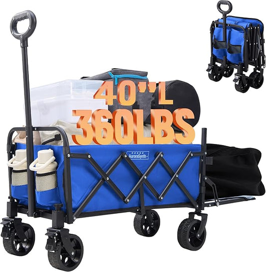 40'' Extra Long Collapsible Wagons Carts Foldable, 360LBS Foldable Wagon Cart with Wheels, Heavy Duty Portable Utility Wagon for Grocery, Shopping, Sports Garden & Camping - Navy Blue