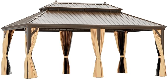 14' X 20' Hardtop Gazebo, Outdoor Galvanized Steel Double Roof Permanent Aluminum Frame Pavilion Pergola Canopy with Privacy Curtains for Garden, Patio, Backyard, Deck and Lawns.
