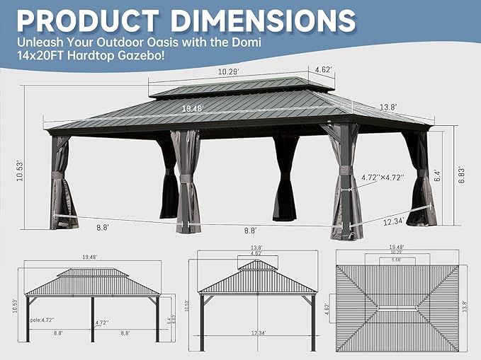 Domi 14'x20' Hardtop Gazebo Canopy,Outdoor Aluminum Gazebo with Galvanized Steel Double Roof,Large Permanent Gazebo Pavilion for Patio Deck Backyard,Curtain and Netting,Grey