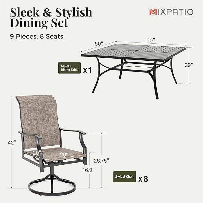 9 Pieces Patio Dining Set, Outdoor Table and Chairs, 8 x Textilene Swivel Dining Chairs and 60" Square Outdoor Dining Table, for Cozy Garden Settings, Grayish Brown