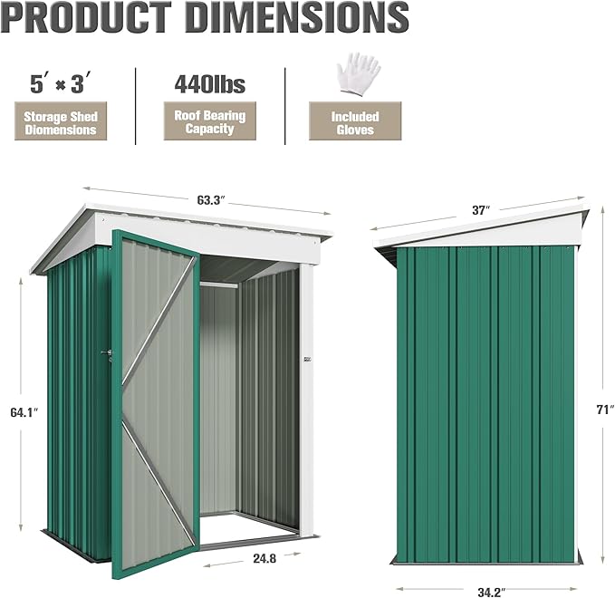 JUMMICO Metal Outdoor Storage Shed 5 x 3 FT Metal Shed with Lockable Door,Waterproof Garden Tool Shed Storage House for Backyard Patio Lawn,Green