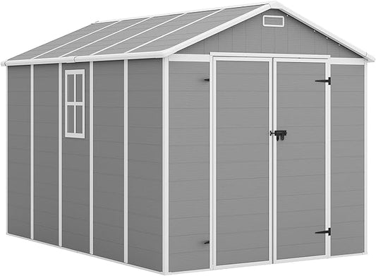 Amopatio 10x8 FT Storage Shed, Resin Outdoor Shed with Floor Included, Plastic Sheds Outdoor Storage for Bike, Garden Tools, Sheds & Outdoor Storage with Lockable Door, Window & Vents, Grey & White