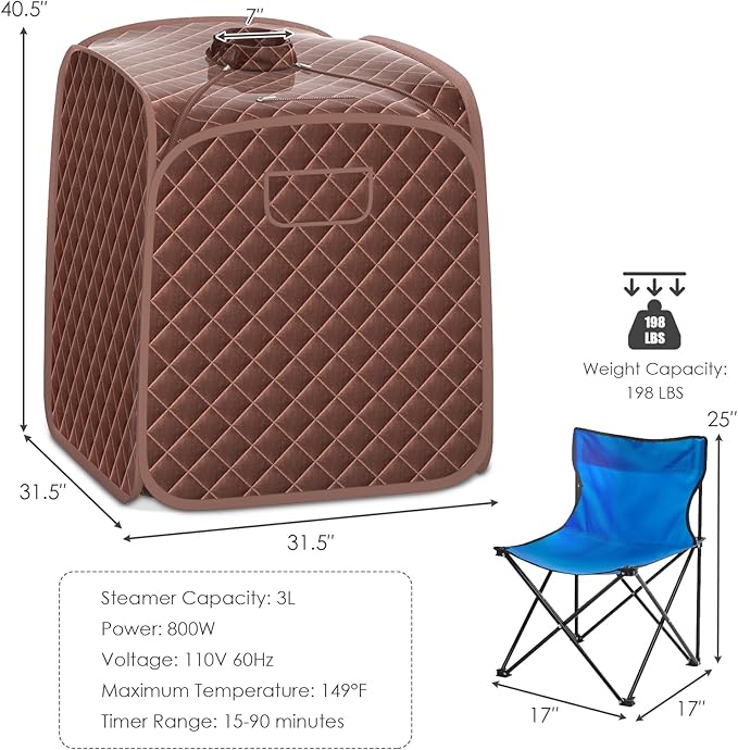COSTWAY Portable Steam Sauna, 3L Foldable Sauna Spa with Remote Control, 9-Gear Temperature and Timer, Atomization Function, Personal Sauna Tent for Relaxation at Home (Coffee)