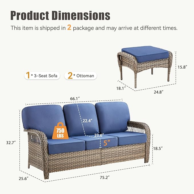 Patio Furniture Set, All Weather 3 Pieces Wicker Outdoor Small Sectional Set, 5" Thick Rattan Conversation Set with 3-seat Sofa and Ottoman for Lawn, Garden, Blue/Gray Wicker