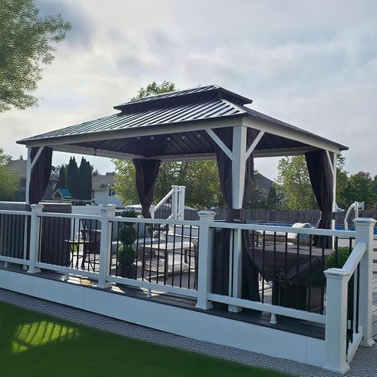 PURPLE LEAF 12' X 16' Hardtop Gazebo, White Aluminum Frame Gazebo with Double Roof, Curtain and Netting for Patio, Garden and Backyard